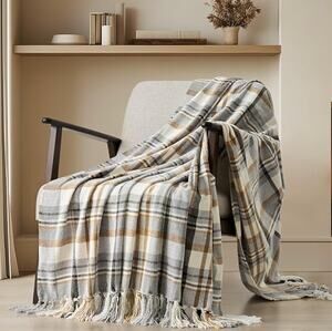 Plaid Chenille Throw Blanket, Farmhouse Plaid Throw with Tassels- Grey & Beige